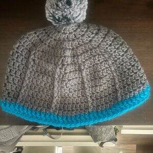 Gray and Blue Crochet Beanie with Pom Pom